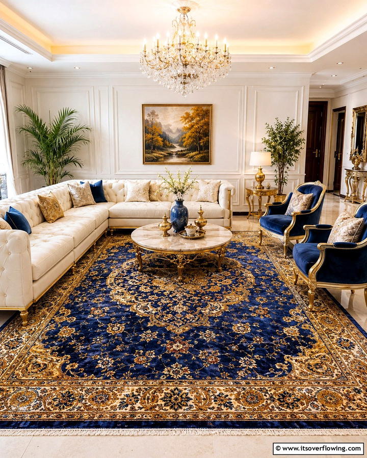 Opulent Rug Selection - 30 Glam Living Room Ideas for Luxurious Comfort