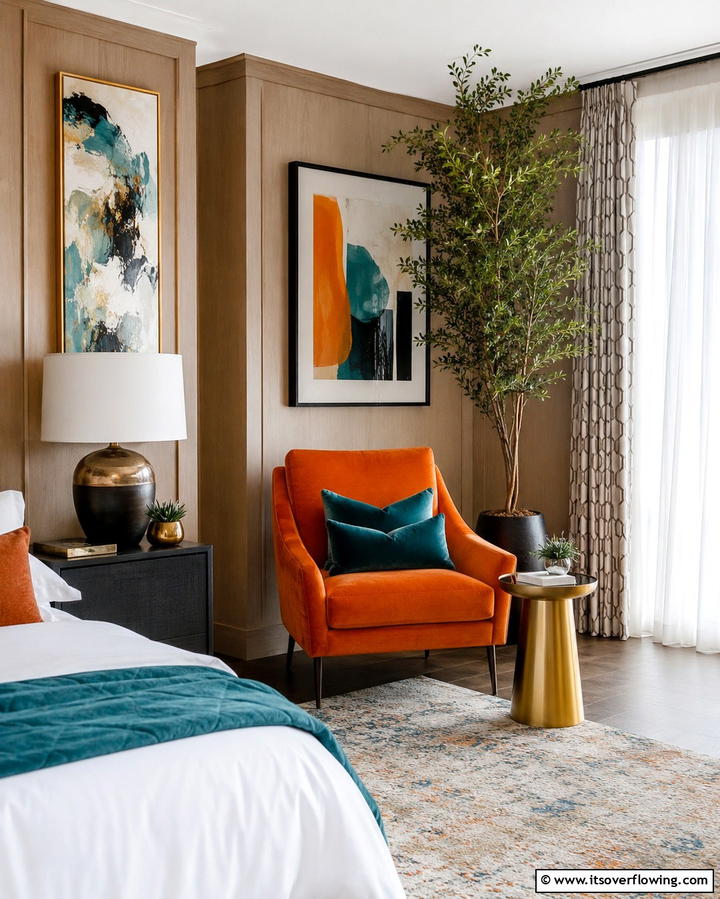Orange Accent Chair with Teal Cushions - 25 Teal and Orange Bedroom Ideas for a Vibrant Retreat