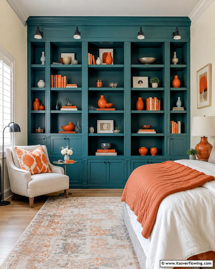 Orange Accent Wall with Teal Furniture - 25 Teal and Orange Bedroom Ideas for a Vibrant Retreat