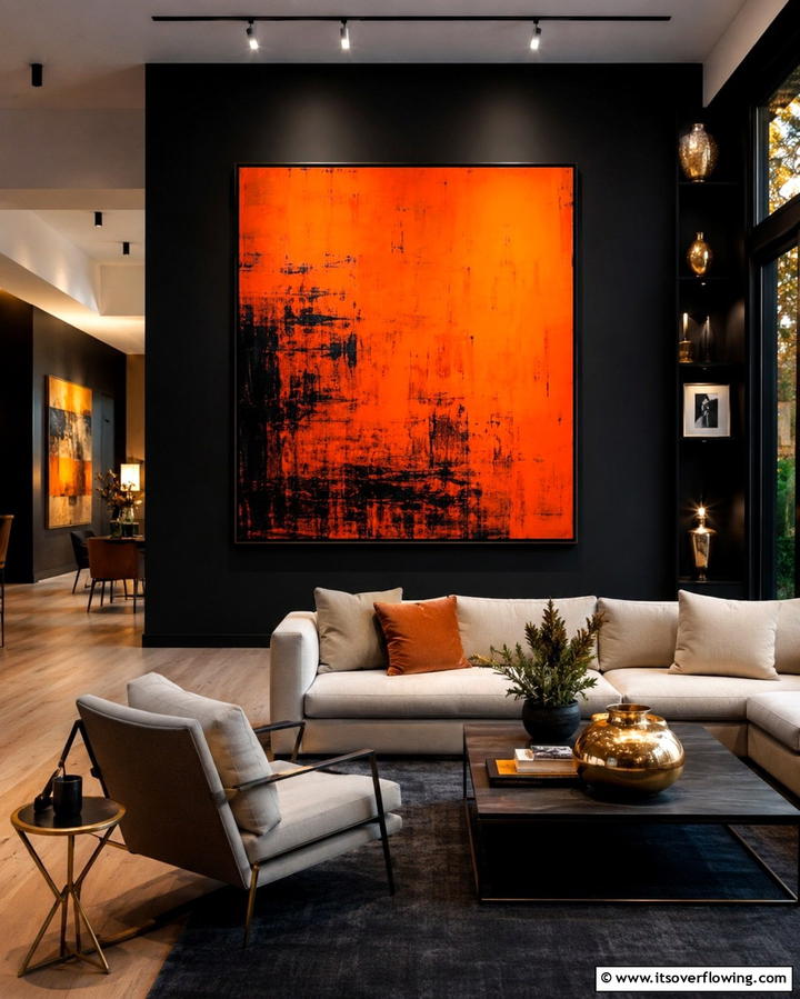 Orange Artwork on Black Walls - 25 Black and Orange Living Room Ideas for a Bold Statement