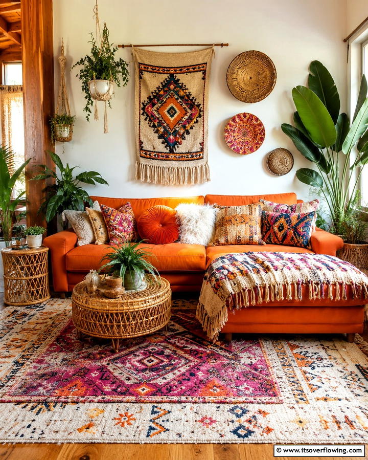Orange Couch and Bohemian Decor - 25 Orange Couch Living Room Ideas for a Vibrant Space