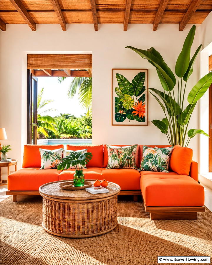 Orange Couch in a Tropical Inspired Theme - 25 Orange Couch Living Room Ideas for a Vibrant Space