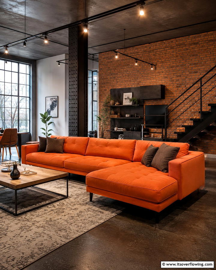 Orange Couch with Industrial Design Elements - 25 Orange Couch Living Room Ideas for a Vibrant Space