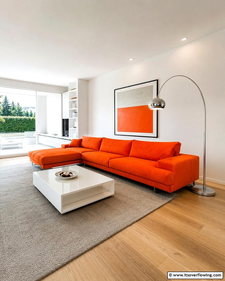 Orange Couch with Minimalist White Walls - 25 Orange Couch Living Room Ideas for a Vibrant Space