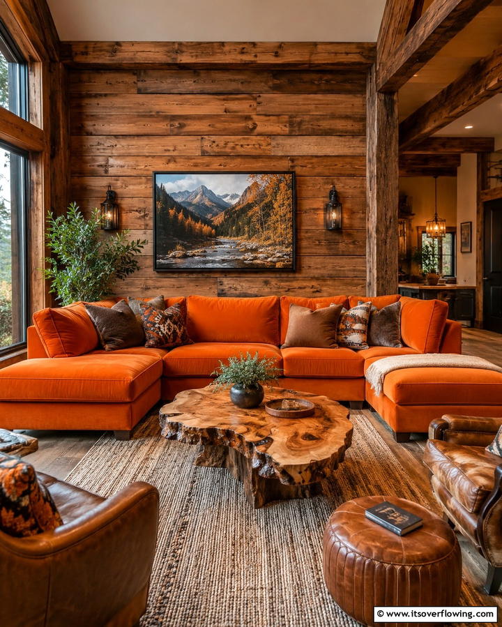 Orange Couch with Rustic Wooden Accents - 25 Orange Couch Living Room Ideas for a Vibrant Space