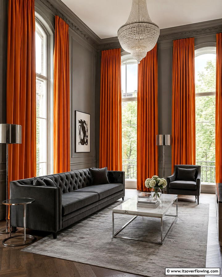 Orange Curtains Against Grey Walls - 25 Orange and Grey Living Room Ideas for a Modern Look