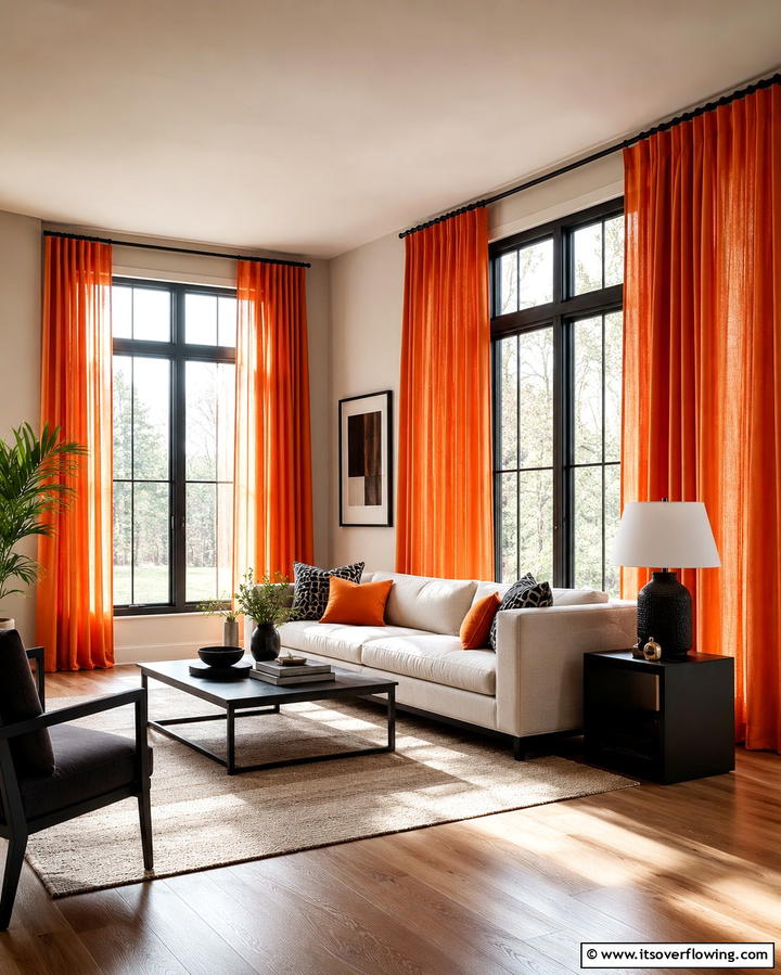 Orange Curtains with Black Frames - 25 Black and Orange Living Room Ideas for a Bold Statement