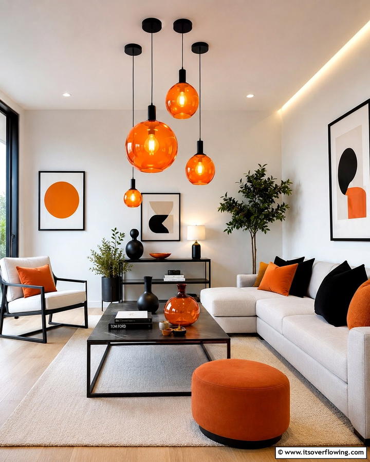 Orange Pendant Lighting with Black Fixtures - 25 Black and Orange Living Room Ideas for a Bold Statement