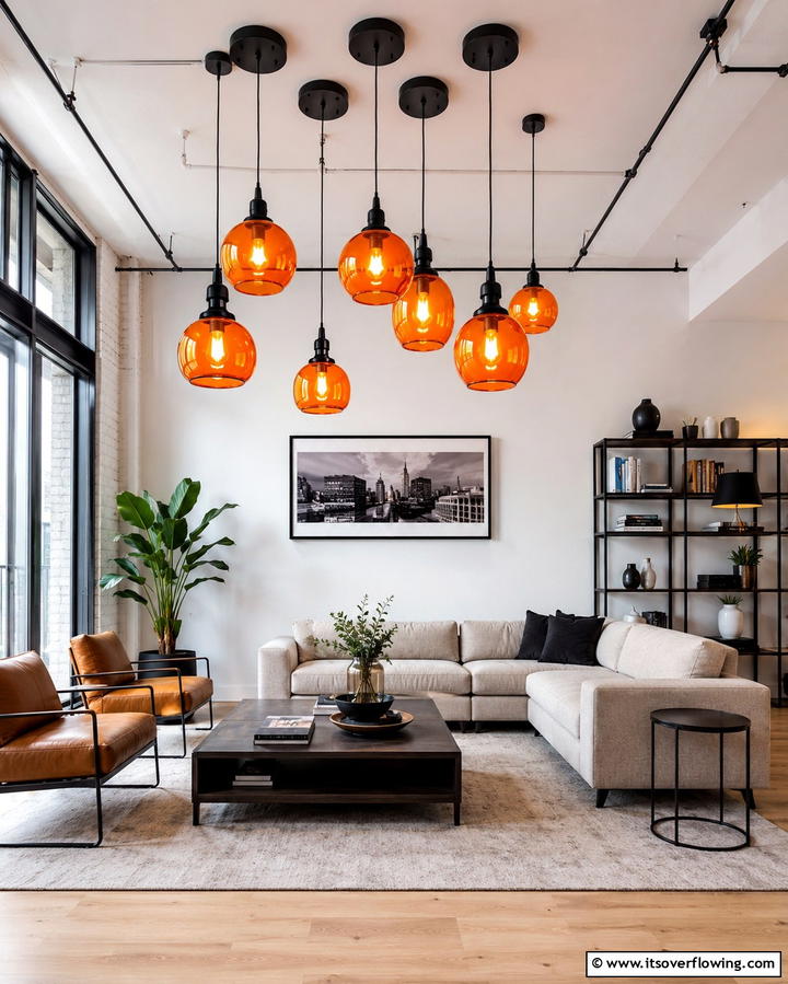 Orange Pendant Lights with Black Fixtures - 25 Black and Orange Living Room Ideas for a Bold Statement