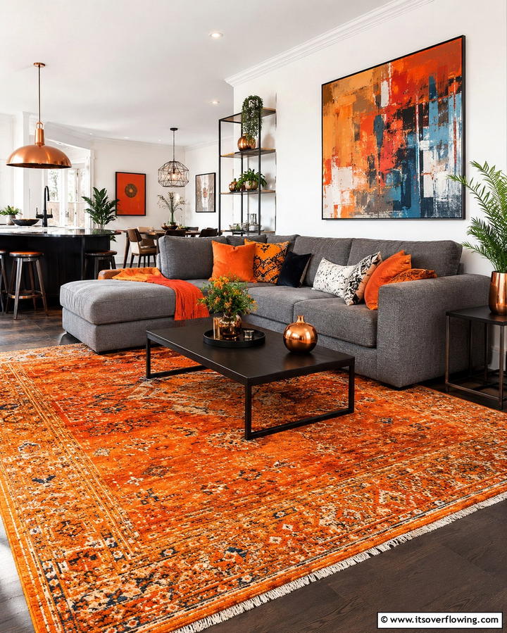 Orange Rug for a Bold Statement - 20 Perfect Rug Colors to Pair with a Grey Couch for Any Room