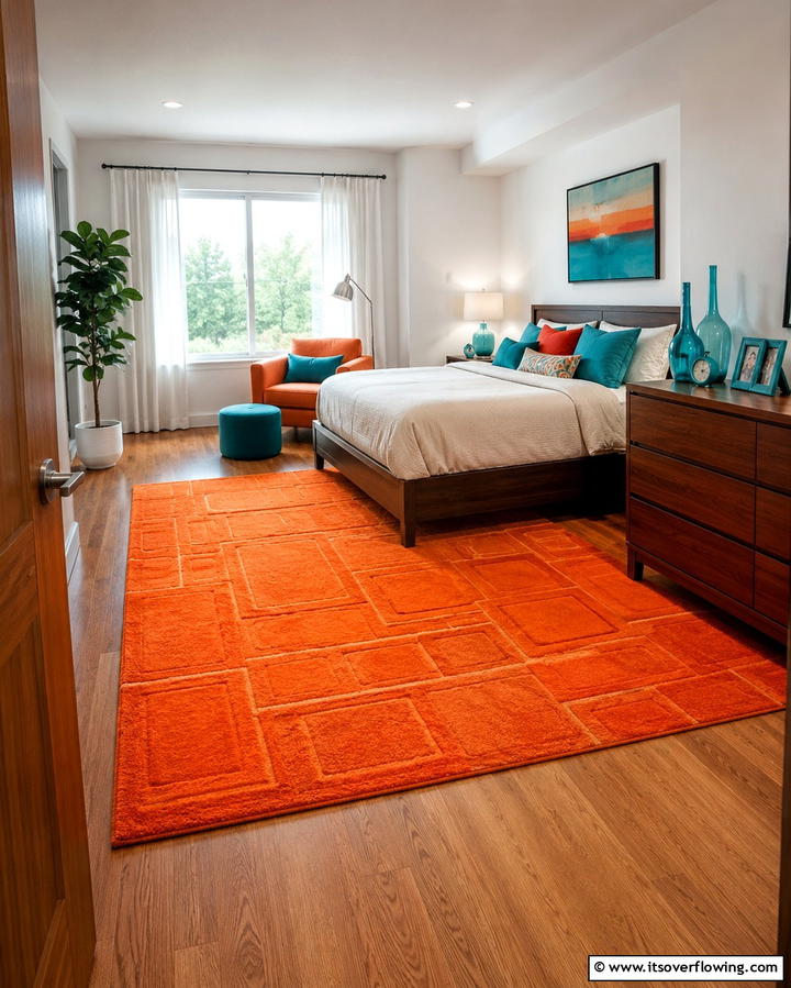 Orange Rug with Teal Accessories - 25 Teal and Orange Bedroom Ideas for a Vibrant Retreat