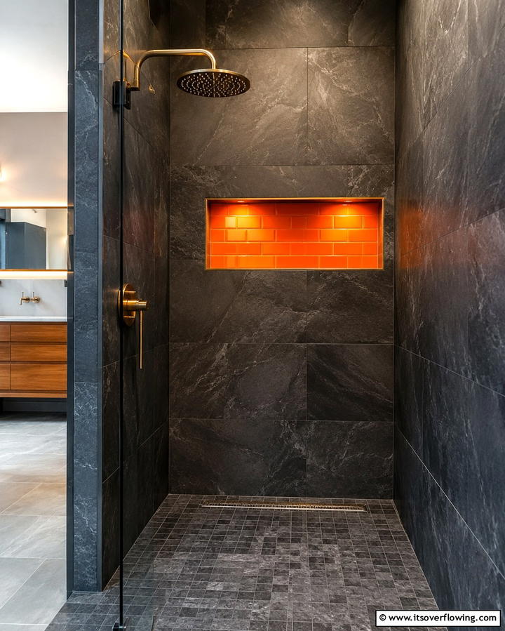 Orange Shower Niche - 25 Orange Bathroom Ideas for a Vibrant Space