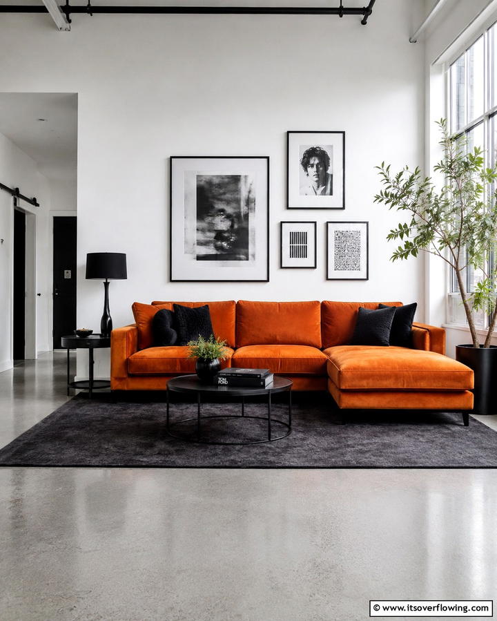 Orange Sofa with Black Accessories - 25 Black and Orange Living Room Ideas for a Bold Statement