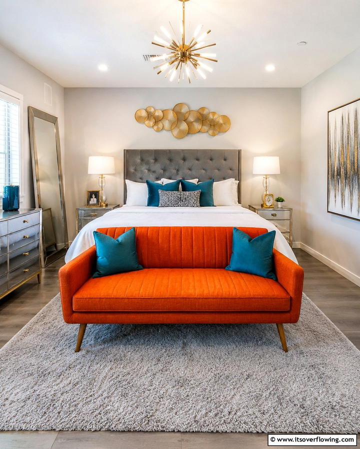 Orange Upholstered Bench with Teal Pillows - 25 Teal and Orange Bedroom Ideas for a Vibrant Retreat