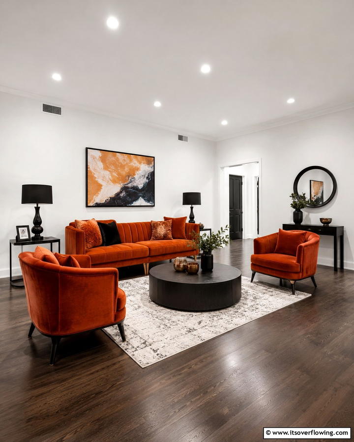 Orange Velvet Furniture - 25 Black and Orange Living Room Ideas for a Bold Statement