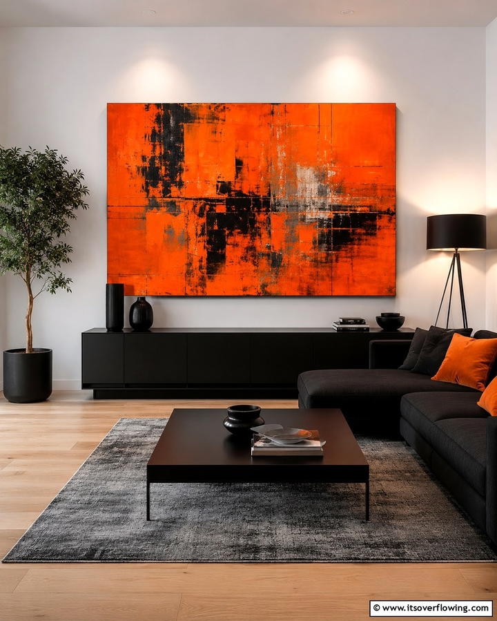 Orange Wall Art with Black Furniture - 25 Black and Orange Living Room Ideas for a Bold Statement