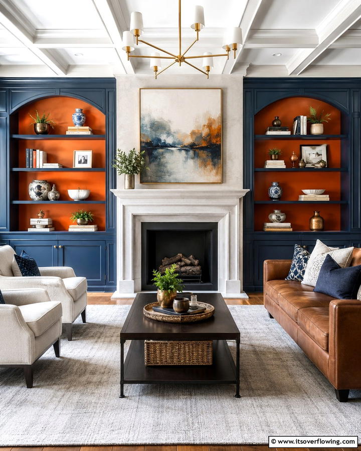 Orange and Blue Bookcases - 25 Orange and Blue Living Room Ideas for a Bold Look