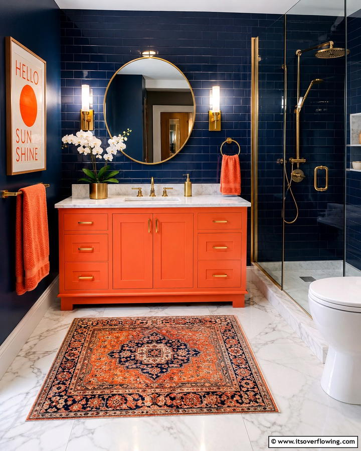Orange and Blue Contrast - 25 Orange Bathroom Ideas for a Vibrant Space