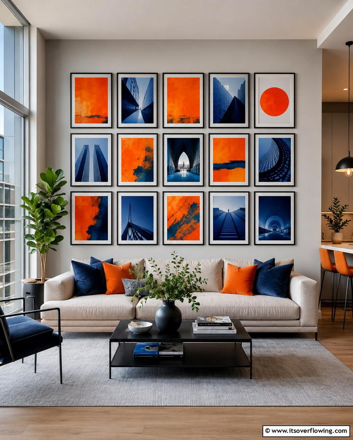 Orange and Blue Gallery Wall - 25 Orange and Blue Living Room Ideas for a Bold Look