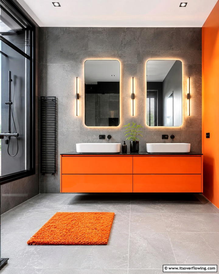 Orange and Gray Contrast - 25 Orange Bathroom Ideas for a Vibrant Space