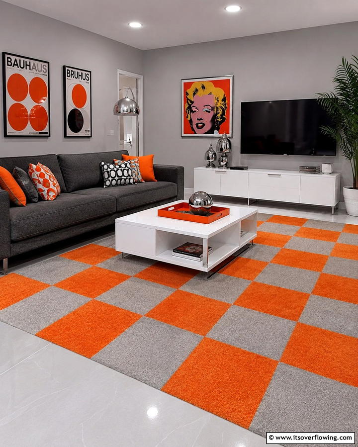 Orange and Grey Checkerboard Patterns - 25 Orange and Grey Living Room Ideas for a Modern Look