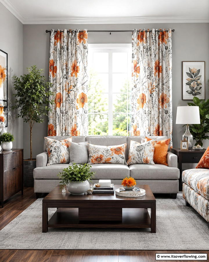 Orange and Grey Floral Prints - 25 Orange and Grey Living Room Ideas for a Modern Look