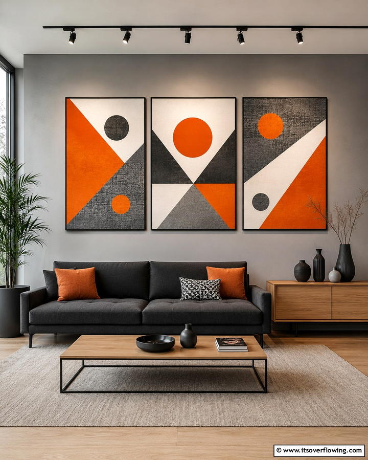 Orange and Grey Geometric Artwork - 25 Orange and Grey Living Room Ideas for a Modern Look