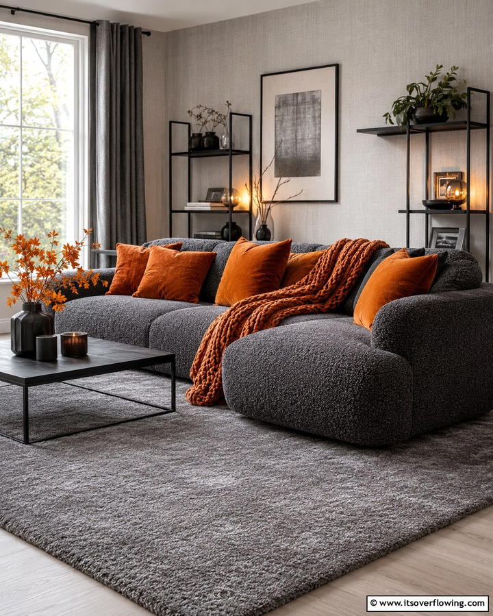 Orange and Grey Textured Fabrics - 25 Orange and Grey Living Room Ideas for a Modern Look