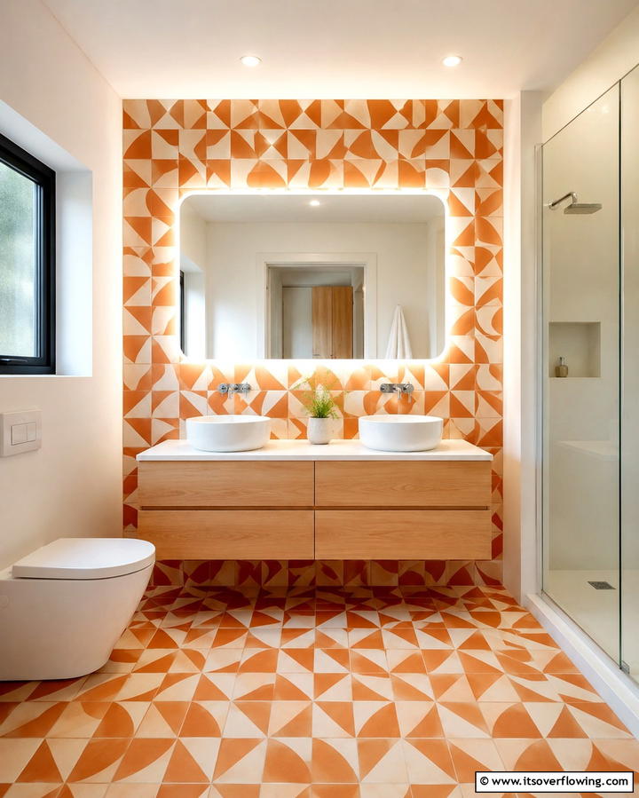 Orange and White Tile Pattern - 25 Orange Bathroom Ideas for a Vibrant Space