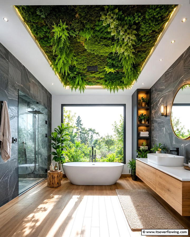 Organic Green Wall Integration - 30 Inspiring Bathroom Ceiling Ideas for Modern Homes