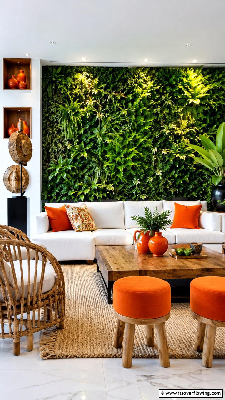 Organic Green Walls with Bold Orange Accessories - 30 Green and Orange Living Room Ideas for Bold Style