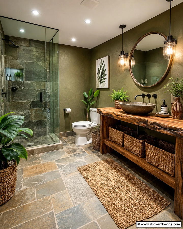 Organic Natural Materials - 30 Basement Bathroom Ideas for Small and Functional Spaces