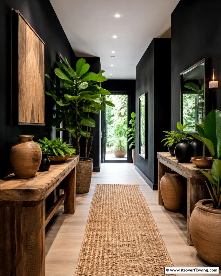 Organic Nature Integration - 30 Black Hallway Ideas for Dramatic and Sophisticated Spaces