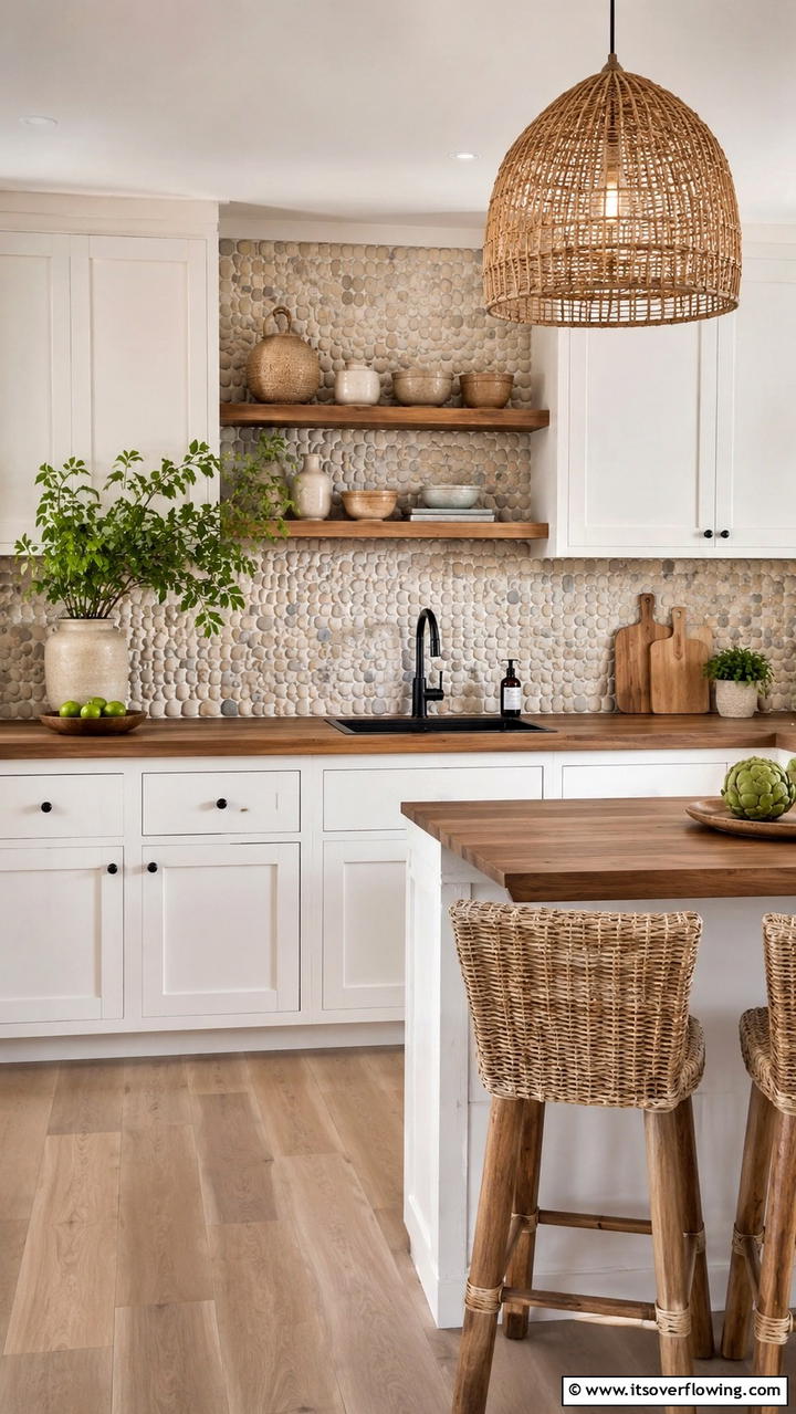 Organic Pebble Stone - 21 White Cabinet Kitchen Backsplash Ideas for Contrast