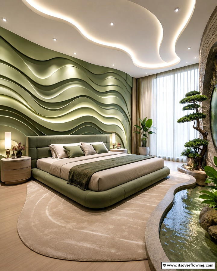 Organic Wave Pattern Panels - 30 Green Panelling Ideas for a Serene Bedroom
