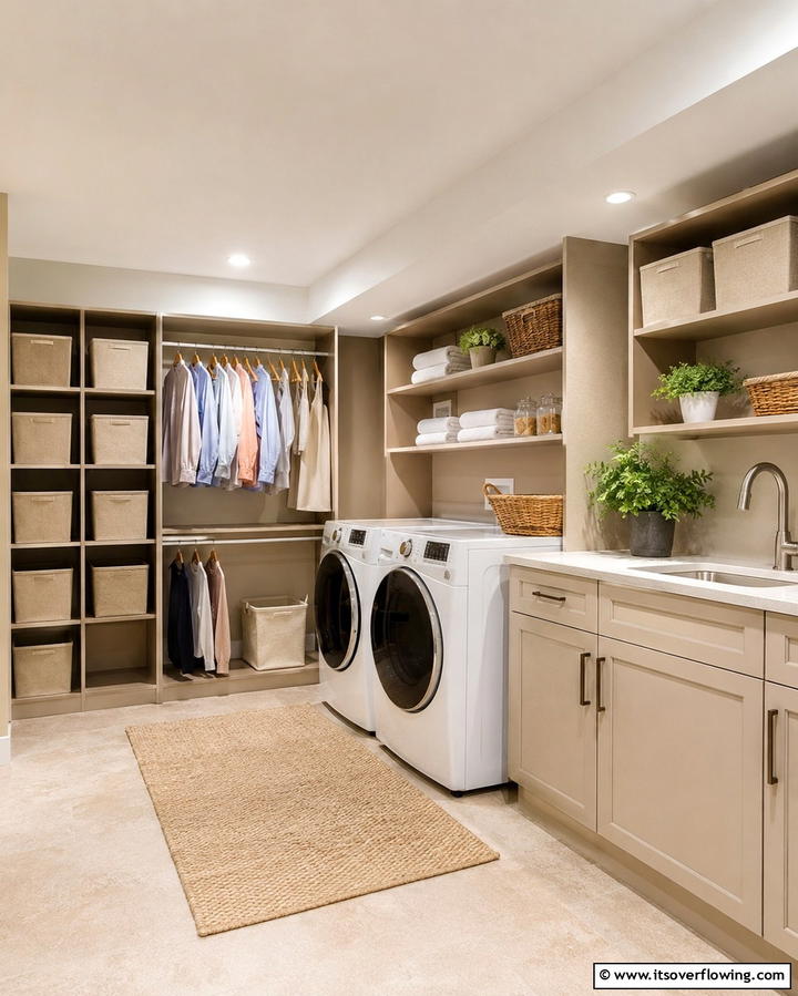 Organized Closet System Integration - 30 Basement Laundry Room Ideas for Functional Utility Spaces