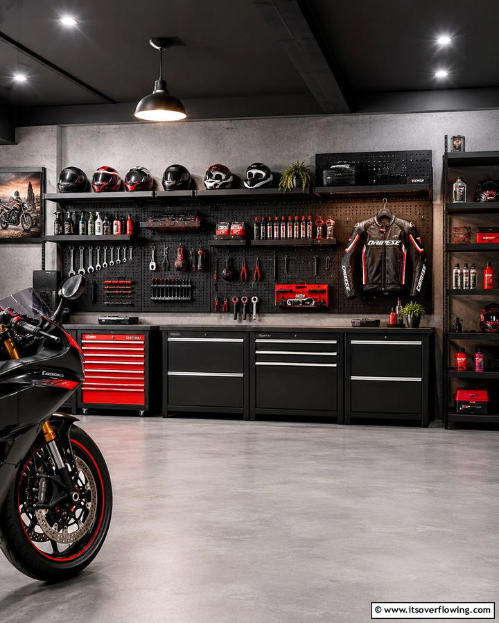 Organized Wall Storage - 25 Motorcycle Garage Ideas for Bike Enthusiasts