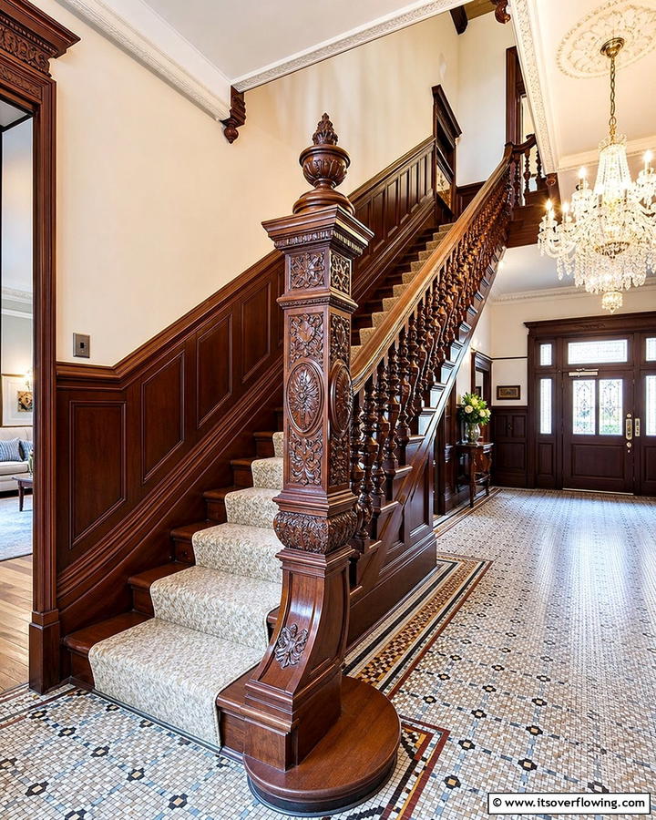 Ornate Carved Wooden Post Railing - 30 Wood Stair Railing Ideas for Warm Architectural Detail