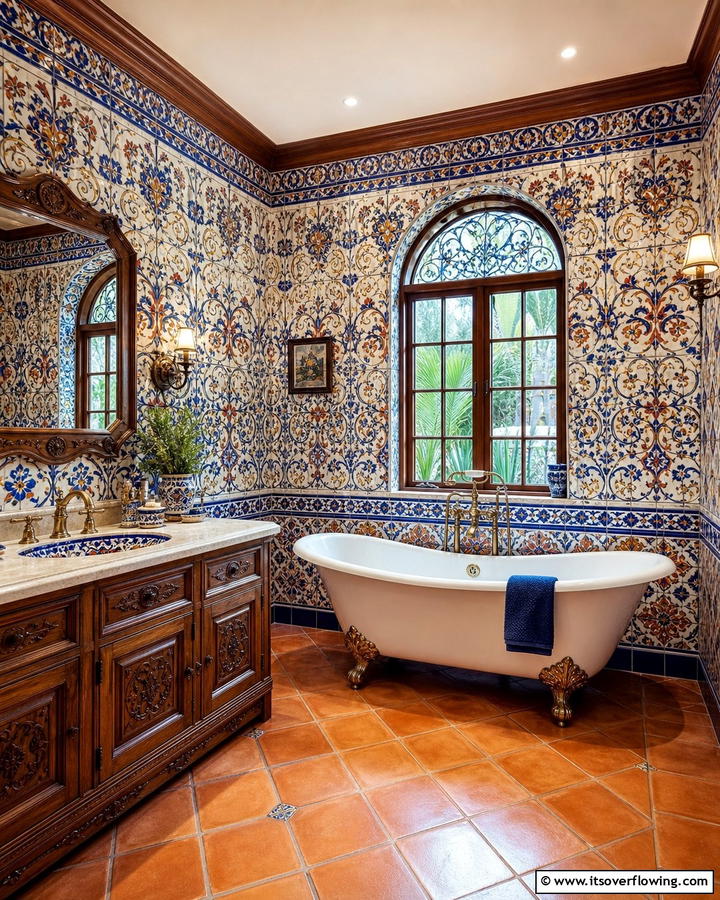 Ornate Ceramic Walls - 30 Spanish Style Bathroom Ideas for Mediterranean Flair