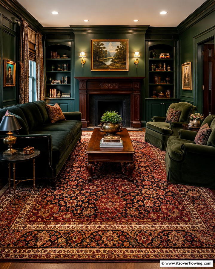 Ornate Chandeliers - 25 Victorian Dark Green Living Room Ideas for Drama