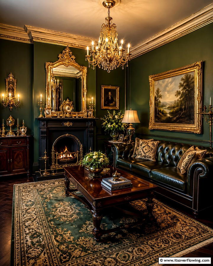 Ornate Gold Accents - 25 Victorian Dark Green Living Room Ideas for Drama