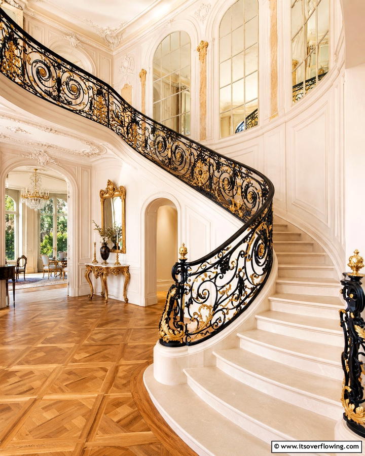 Ornate Ironwork Railings - 30 Elegant Curved Staircase Designs to Elevate Your Home’s Style