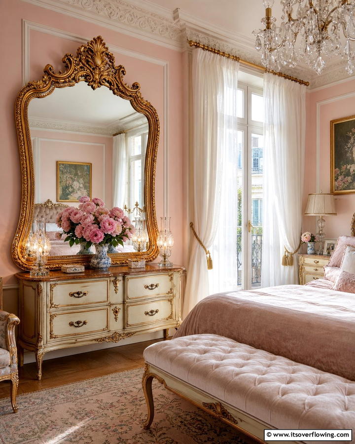 Ornate Mirrors with Gold Frames - 20 Parisian Themed Bedroom Ideas for Elegant Living
