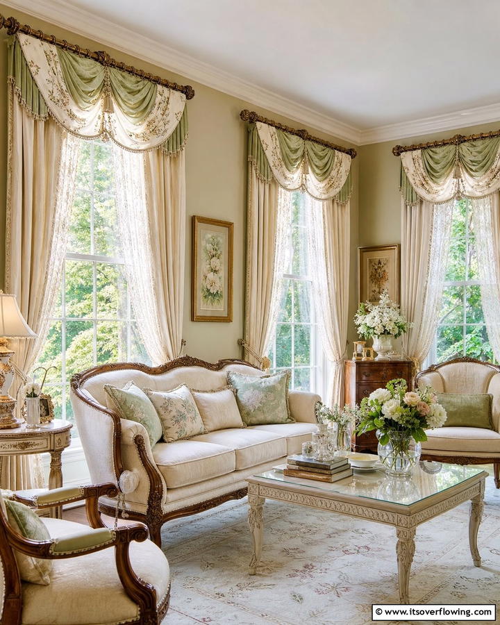 Ornate Window Treatments - 21 Country Living Room Ideas with Rustic Elegance