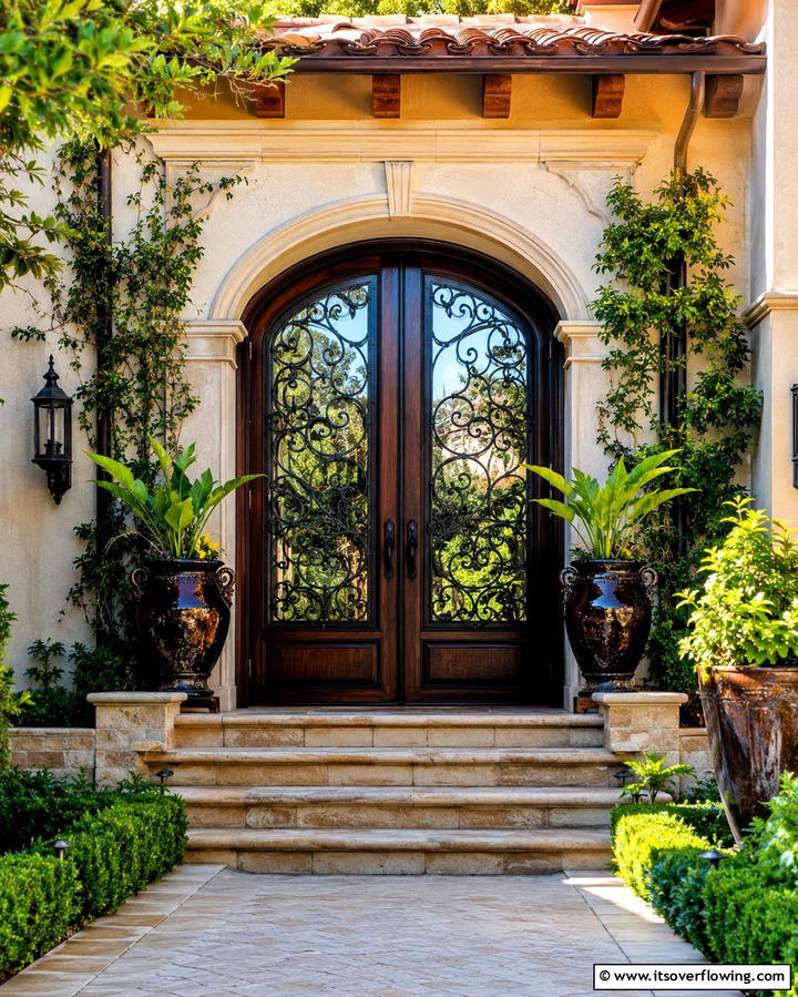 Ornate Wrought Iron Accents - 25 Spanish Style Front Door Ideas for Curb Appeal