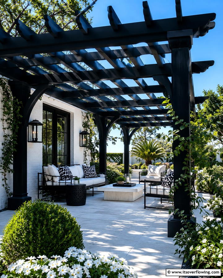 Outdoor Charm Black Pergolas Over White Patios - 30 Single-Story White House Black Trim Exterior Inspirations