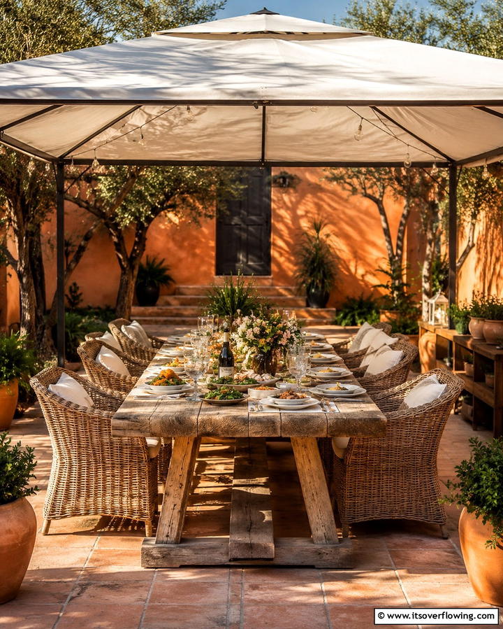 Outdoor Dining Spaces with Canopies - 30 Mediterranean House Exterior Ideas for Coastal Charm