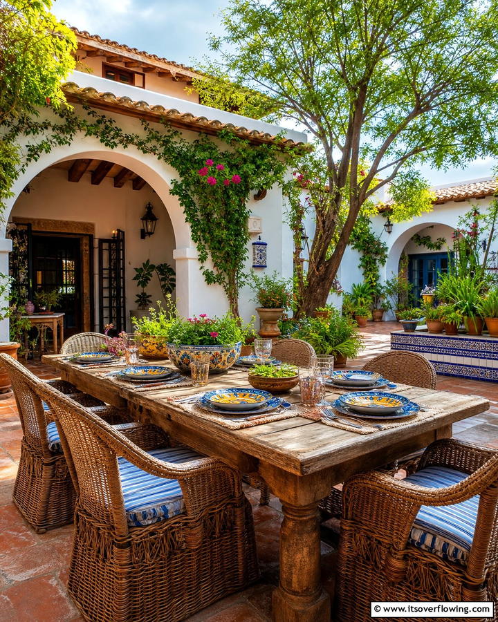 Outdoor Dining with Rustic Tables - 25 Spanish Courtyard Ideas for a Mediterranean Oasis