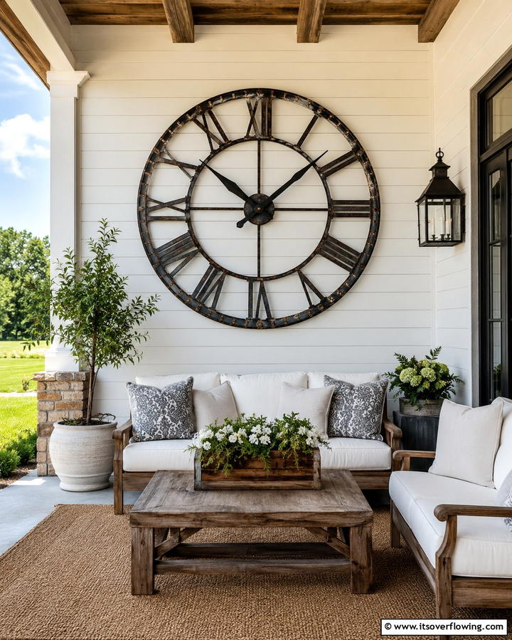 Outdoor Farmhouse Clock - 25 Farmhouse Porch Ideas for a Cozy Outdoor Retreat