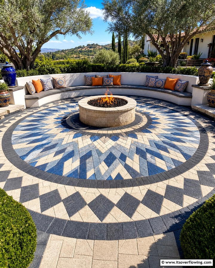 Outdoor Fire Pit with Concrete Paver Mosaic - 25 Concrete Paver Patio Fire Pit Ideas for Cozy Nights
